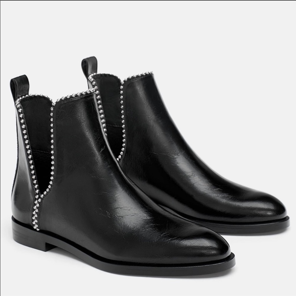 Zara Black Flat Cutout Studded Ankle Boots